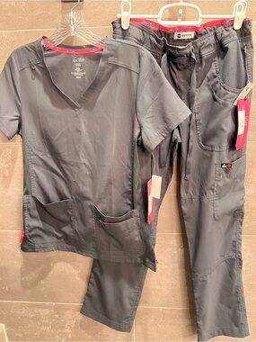 Koi Lite Grey Medical Scrub Set with Pink Trim